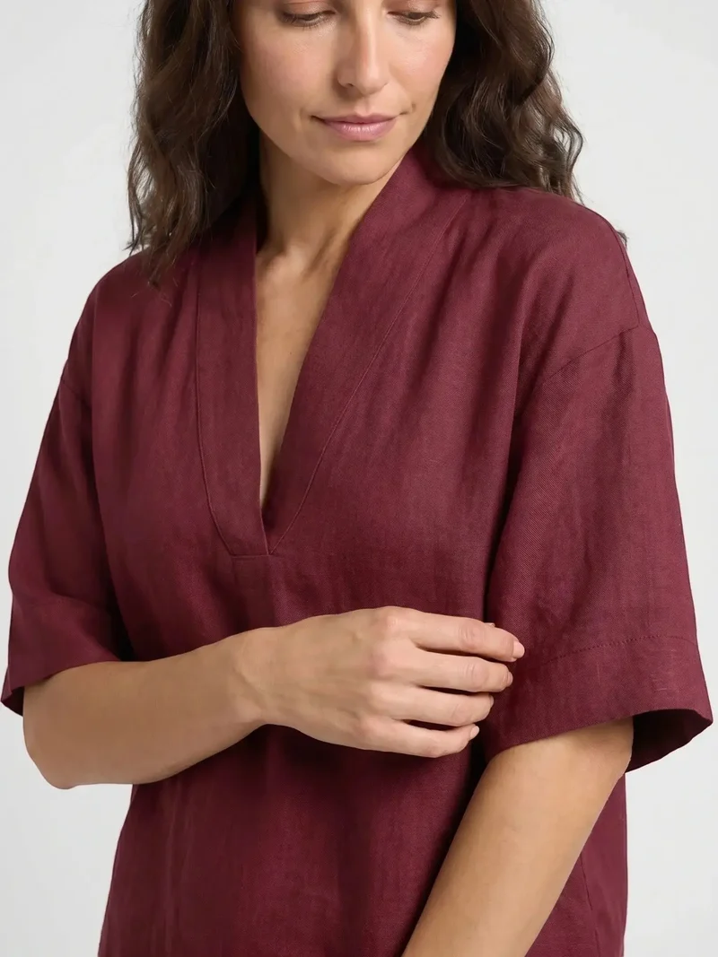 Women's Breathable Linen Loungewear Set | Elegant V-Neck Top with Flowing Trousers