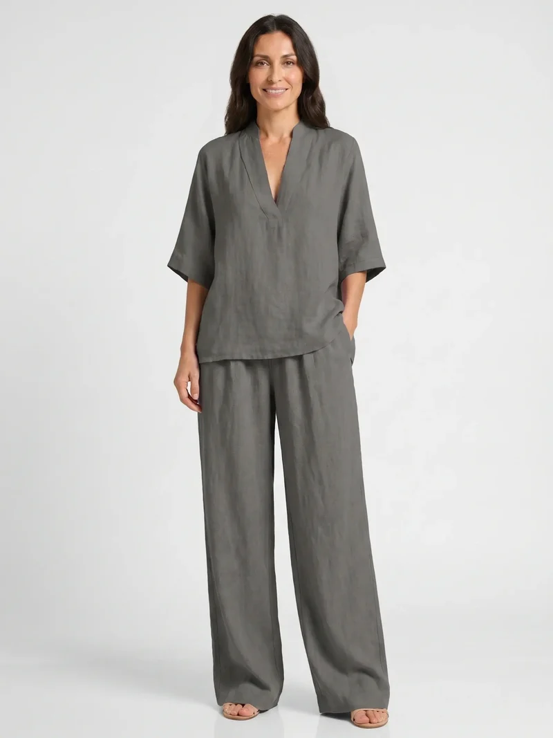 Women's Breathable Linen Loungewear Set | Elegant V-Neck Top with Flowing Trousers