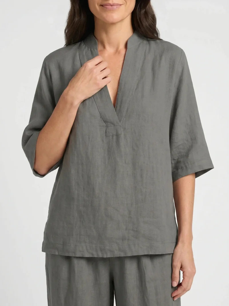 Women's Breathable Linen Loungewear Set | Elegant V-Neck Top with Flowing Trousers