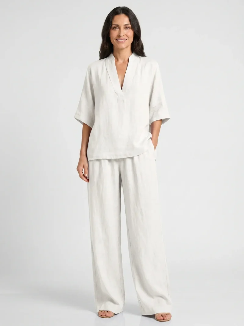 Women's Breathable Linen Loungewear Set | Elegant V-Neck Top with Flowing Trousers