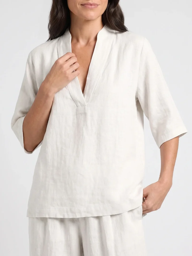 Women's Breathable Linen Loungewear Set | Elegant V-Neck Top with Flowing Trousers