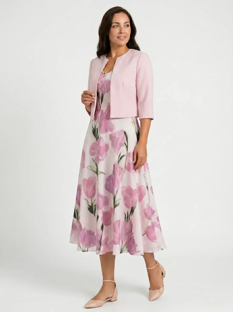 Women's Floral Maxi Dress Set | Elegant Two-Piece Outfit with Cropped Jacket