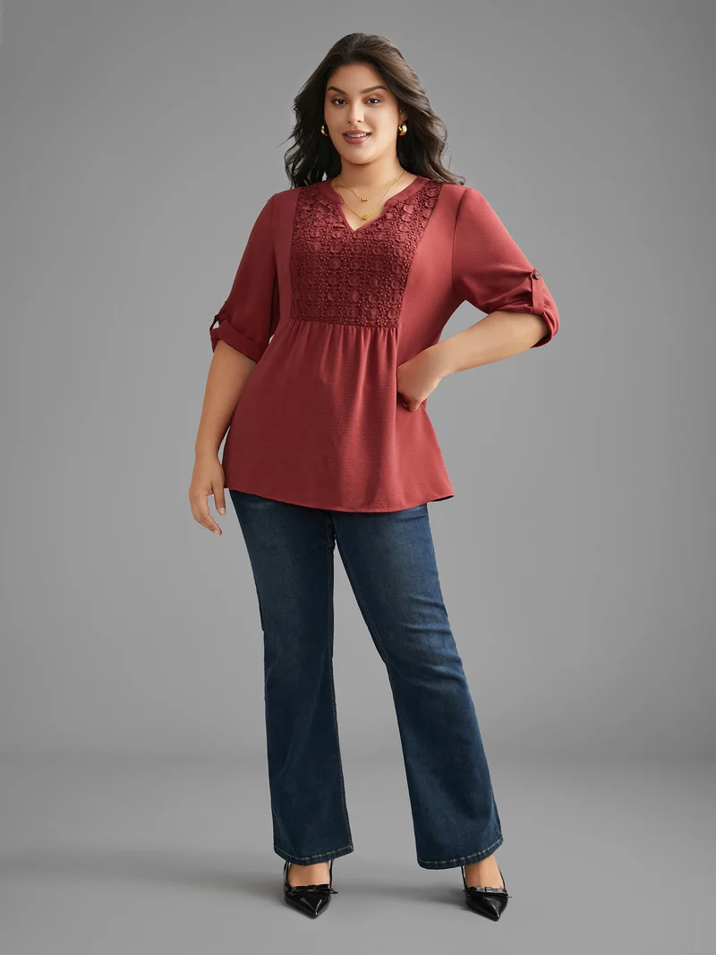 Notched Lace Panel Tab Sleeve Blouse