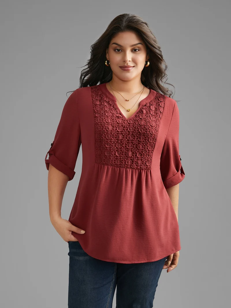 Notched Lace Panel Tab Sleeve Blouse