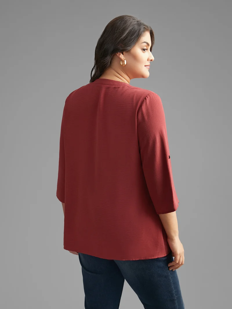 Notched Lace Panel Tab Sleeve Blouse