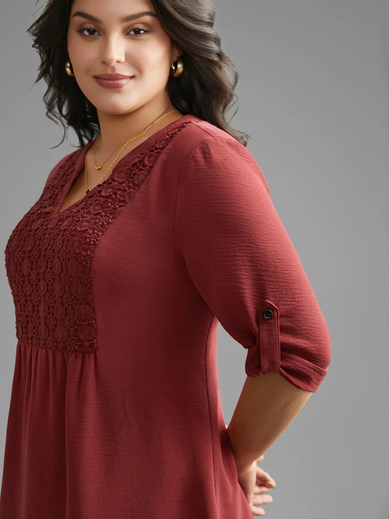 Notched Lace Panel Tab Sleeve Blouse