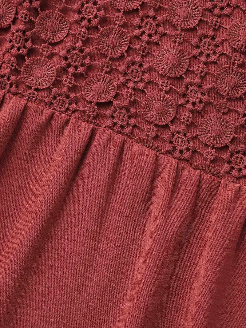 Notched Lace Panel Tab Sleeve Blouse