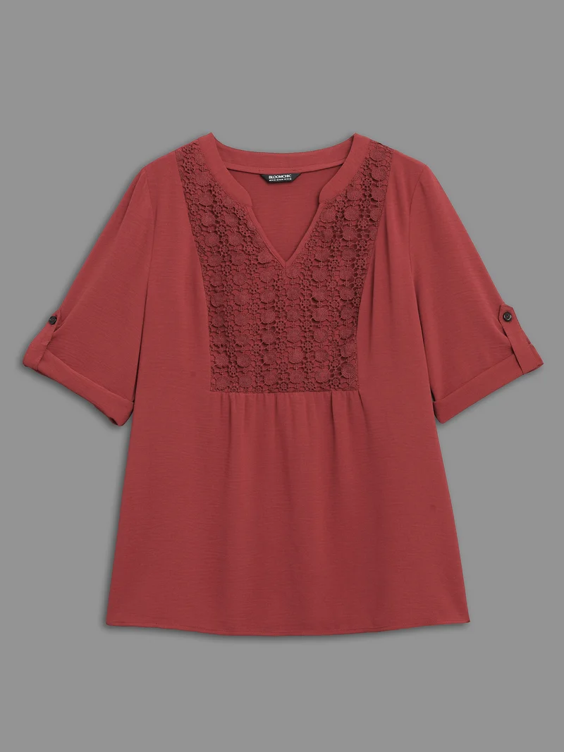 Notched Lace Panel Tab Sleeve Blouse