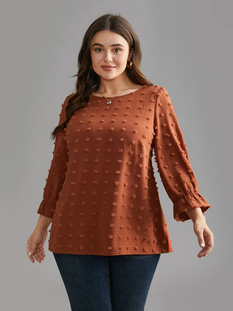Textured Balloon Sleeves Round Neck Blouse