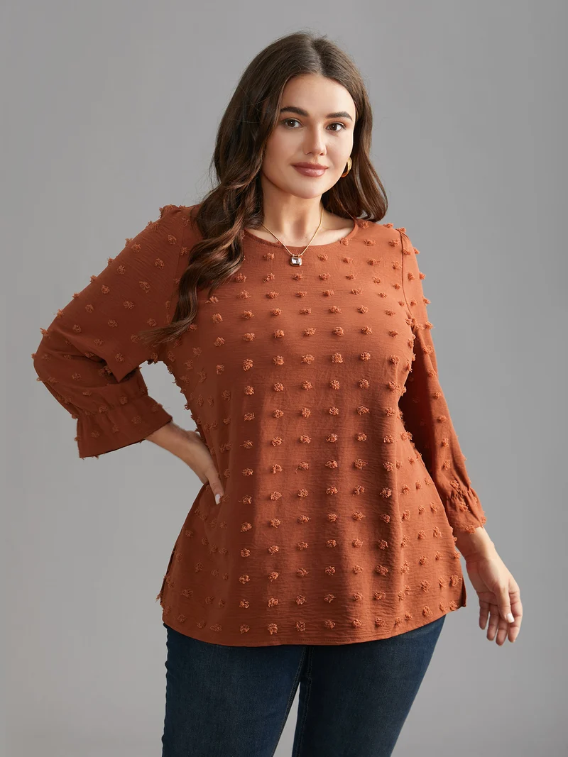 Textured Balloon Sleeves Round Neck Blouse