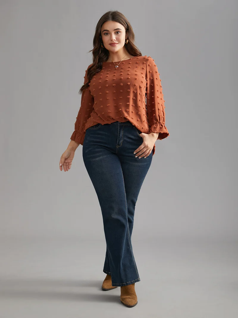 Textured Balloon Sleeves Round Neck Blouse
