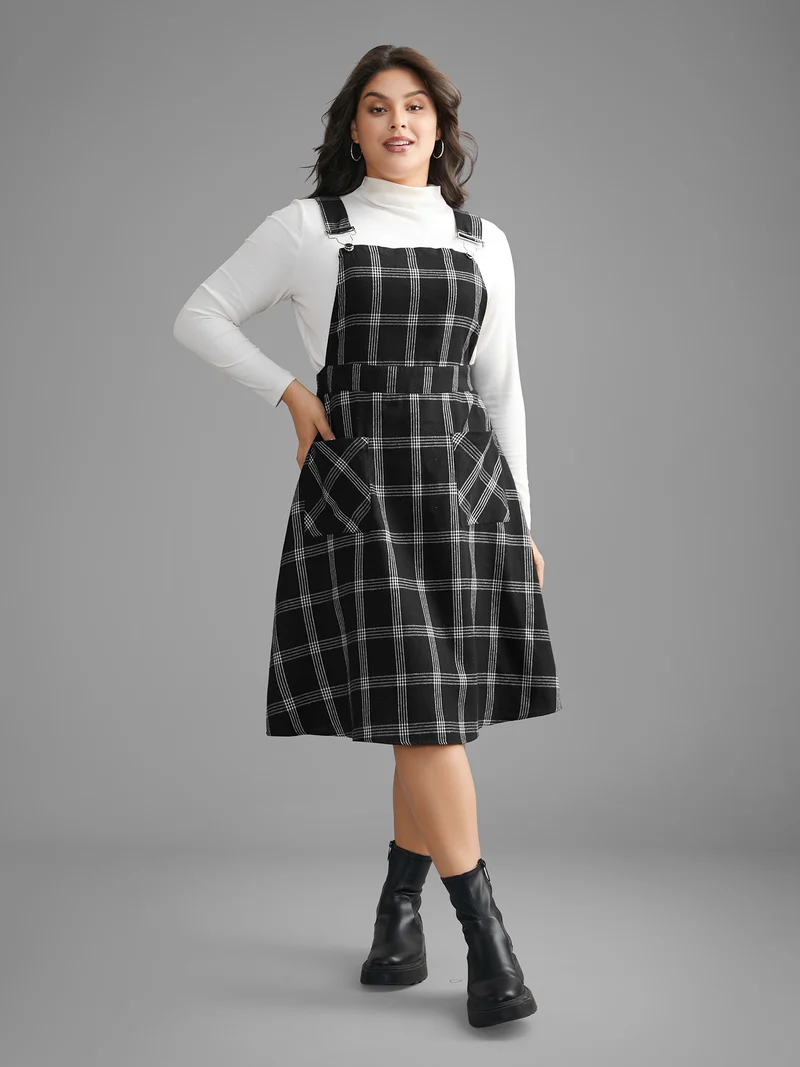 Plaid Square Neck Patched Pocket Dress