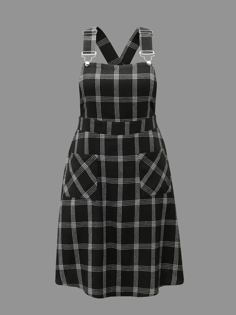 Plaid Square Neck Patched Pocket Dress