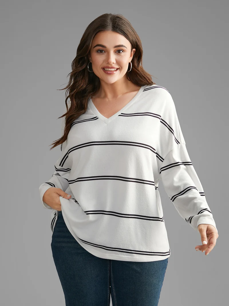 V Neck Contrast Striped Drop Shoulder T-shirt