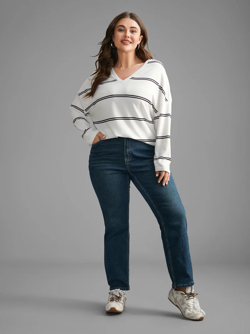 V Neck Contrast Striped Drop Shoulder T-shirt