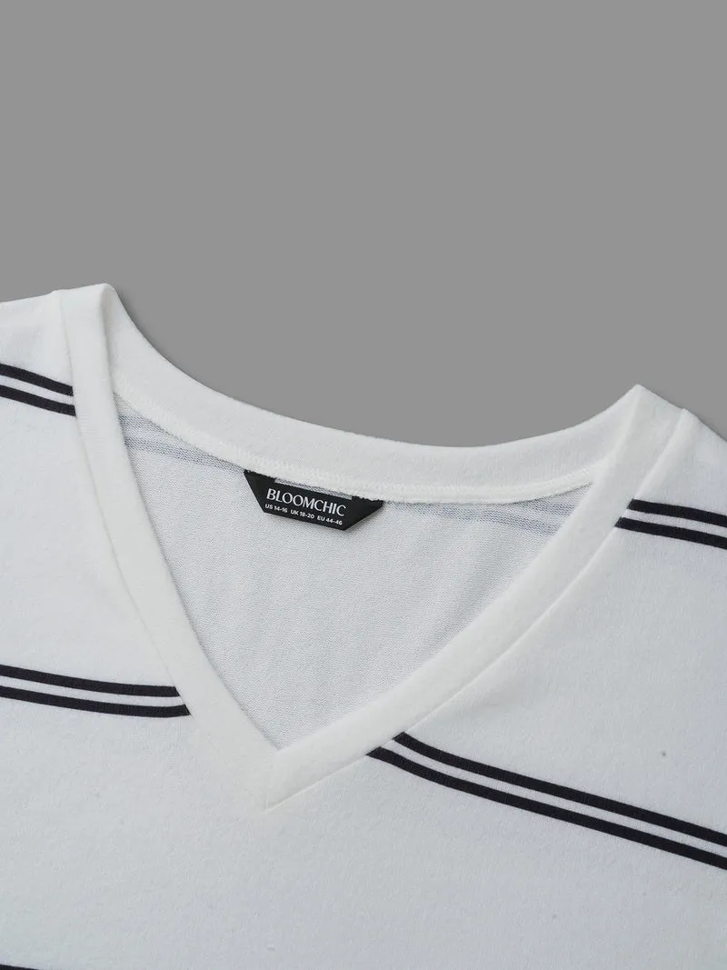 V Neck Contrast Striped Drop Shoulder T-shirt