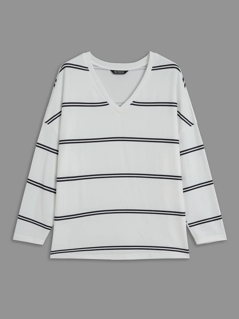 V Neck Contrast Striped Drop Shoulder T-shirt