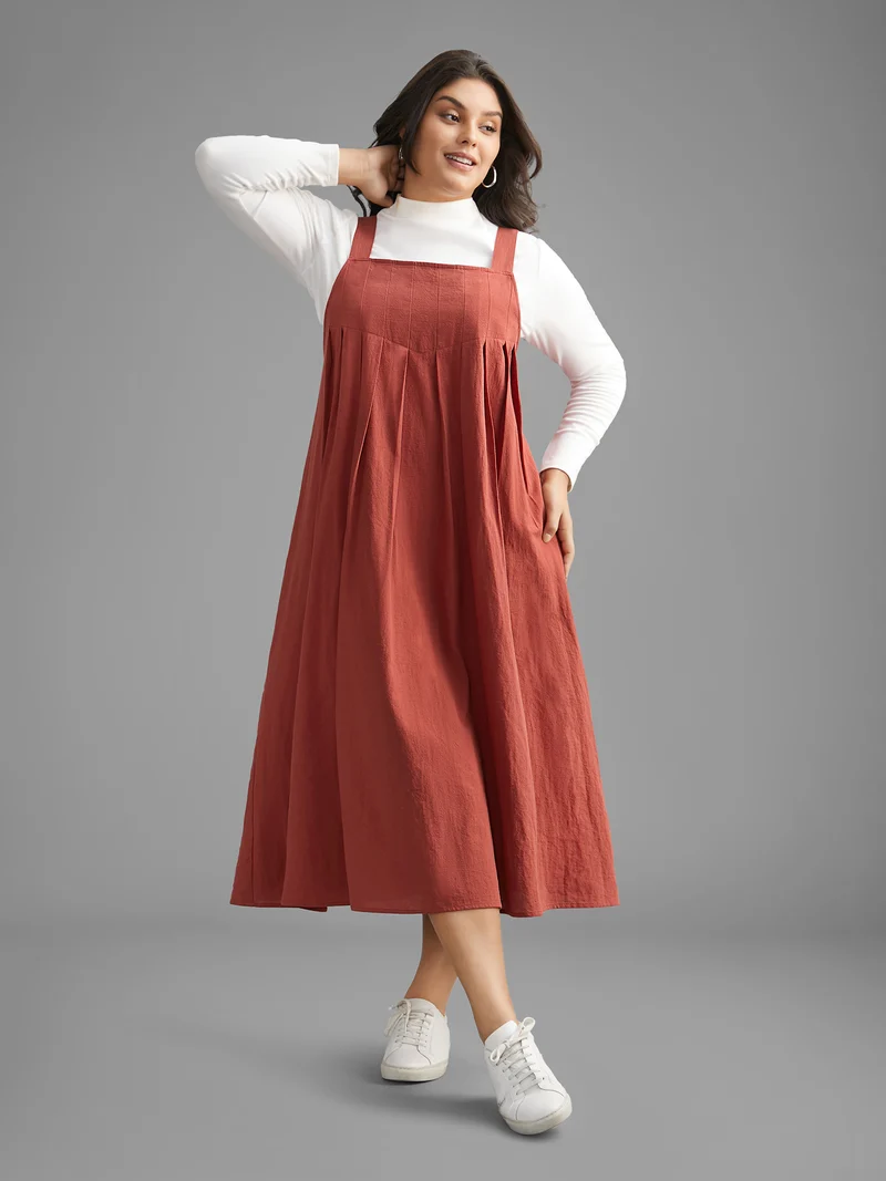 Solid Pleated Adjustable Straps Dress