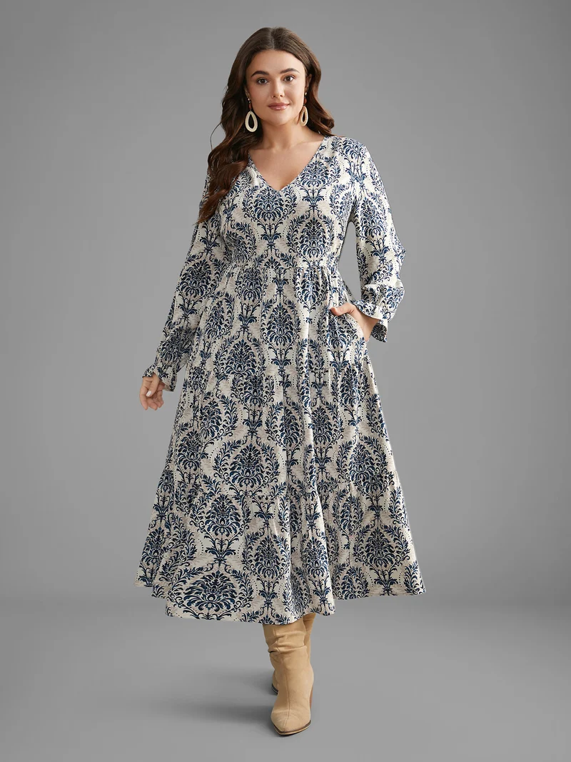V Neck Boho Print Ruffles Maxi Dress