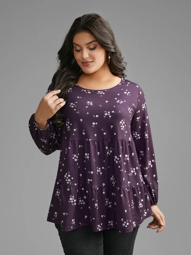 Ditsy Floral Gathered Ruffle Hem T-shirt
