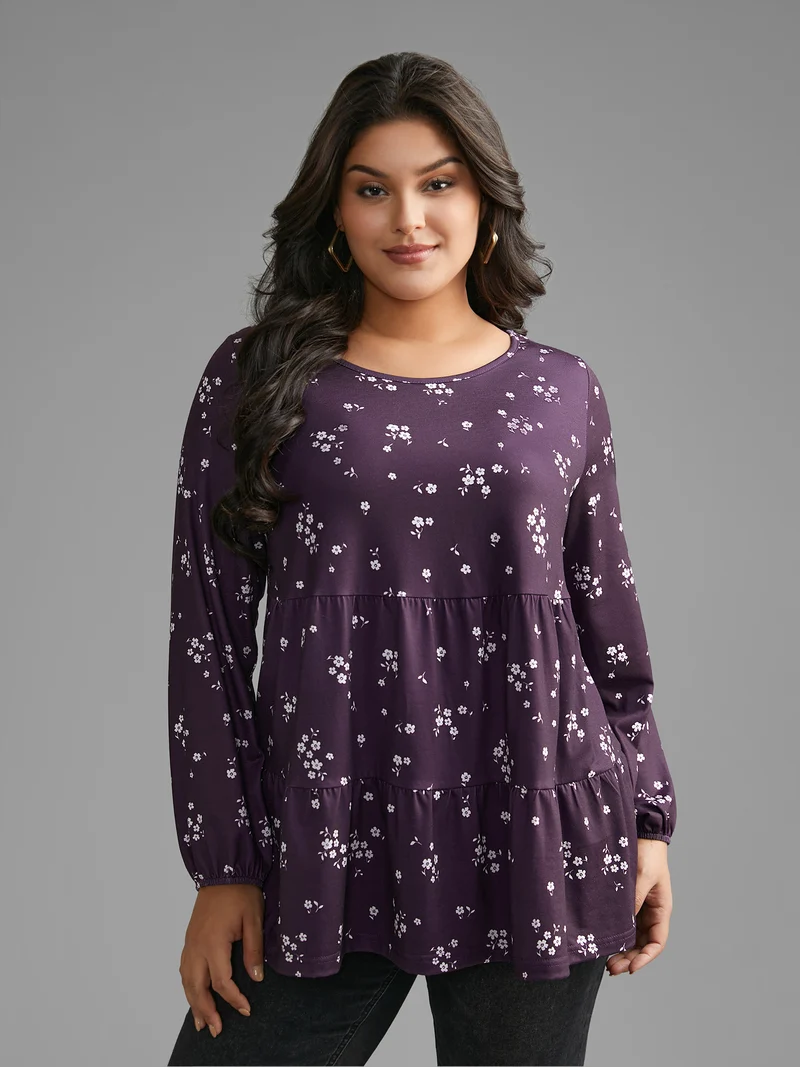 Ditsy Floral Gathered Ruffle Hem T-shirt