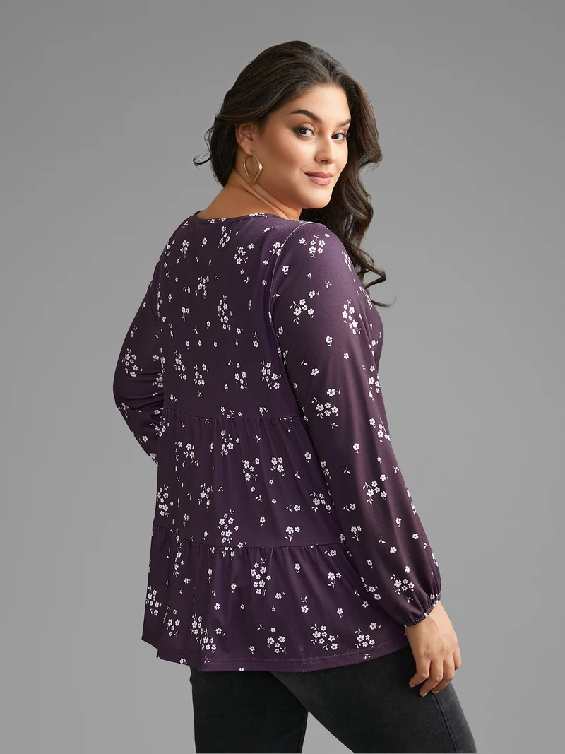 Ditsy Floral Gathered Ruffle Hem T-shirt