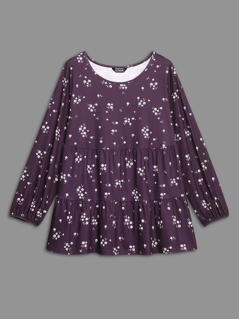 Ditsy Floral Gathered Ruffle Hem T-shirt