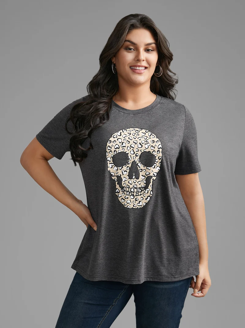 Crew Neck Skull Leopard Print T-shirt