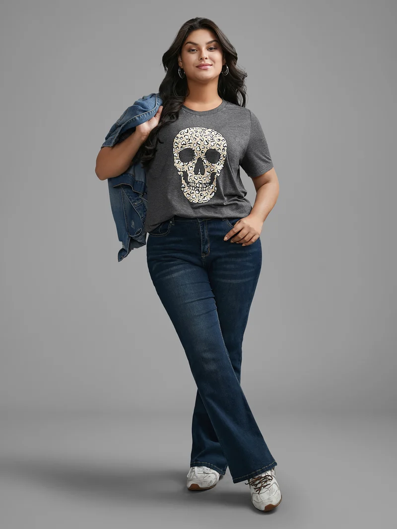 Crew Neck Skull Leopard Print T-shirt