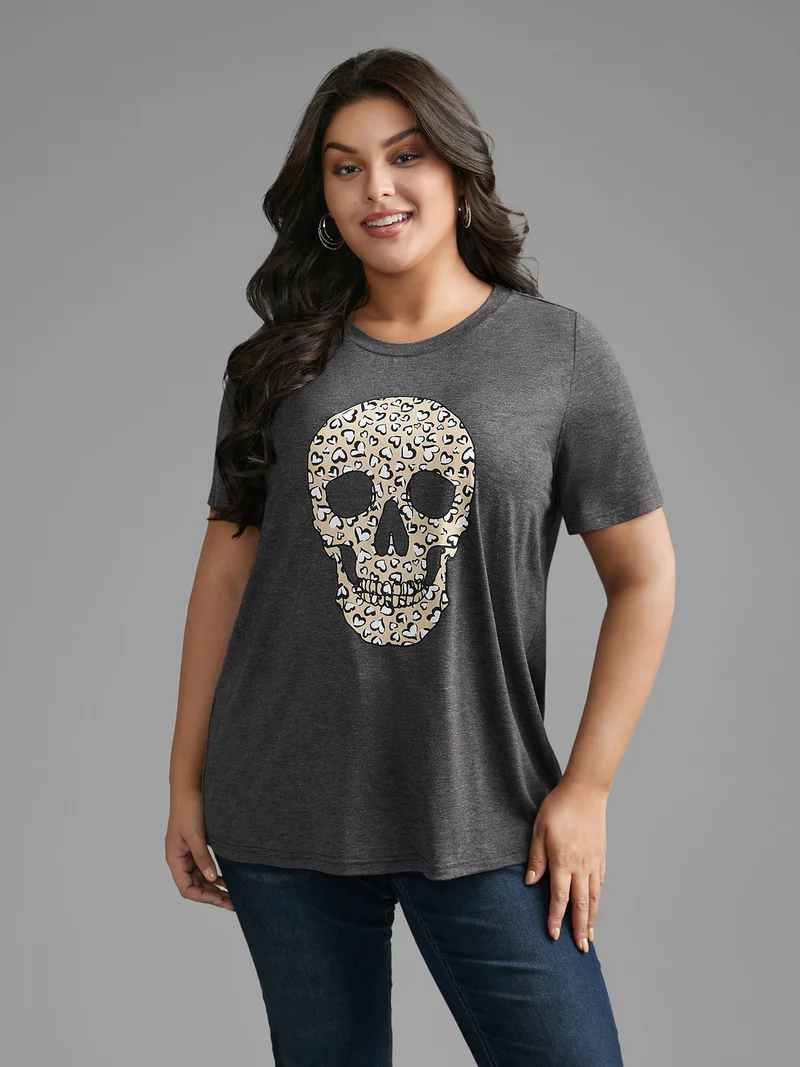 Crew Neck Skull Leopard Print T-shirt