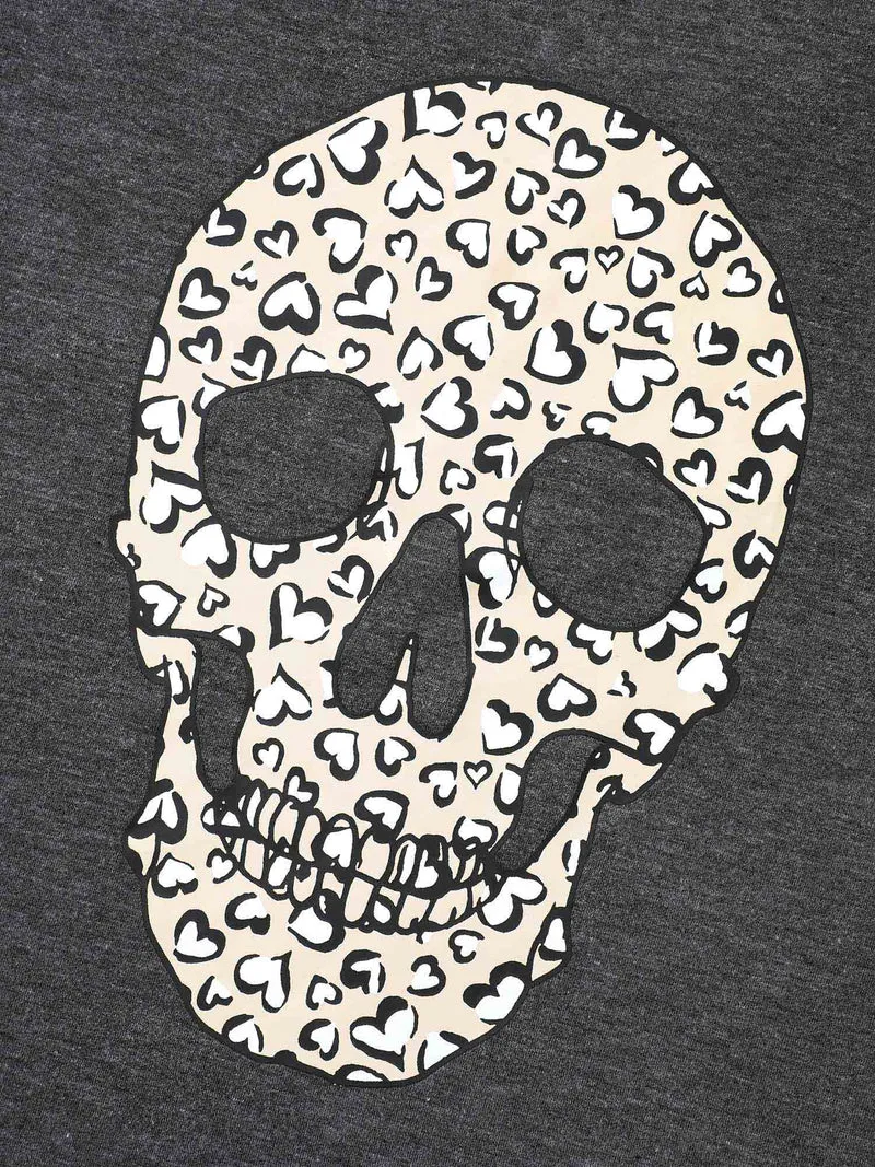 Crew Neck Skull Leopard Print T-shirt