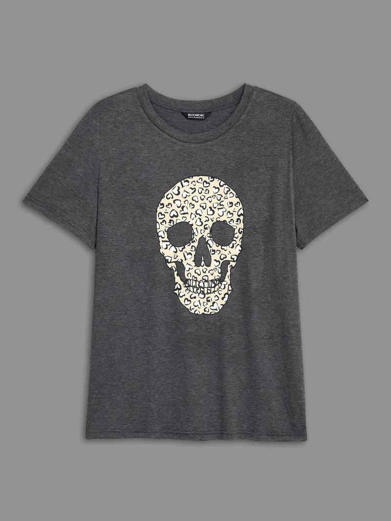 Crew Neck Skull Leopard Print T-shirt