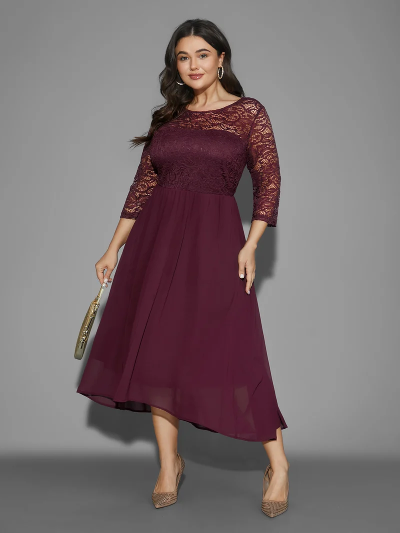 Crochet Lace High Low Hem Midi Dress