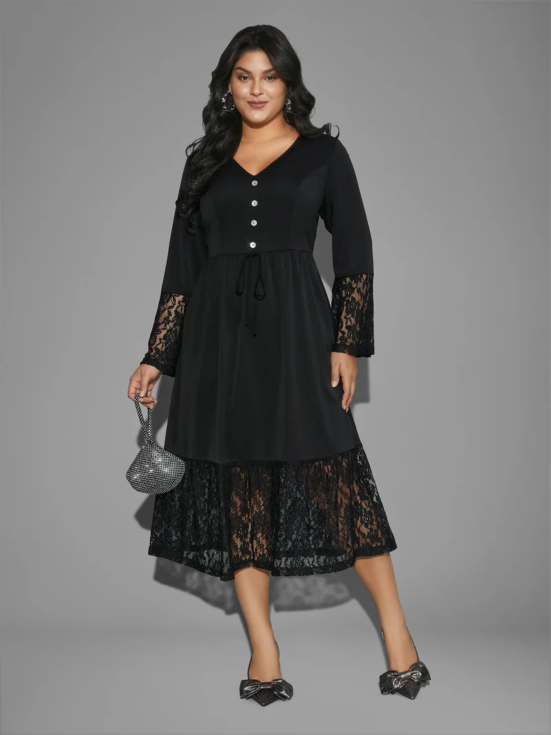 Lace Patchwork Button Detail Tie Knot Dress