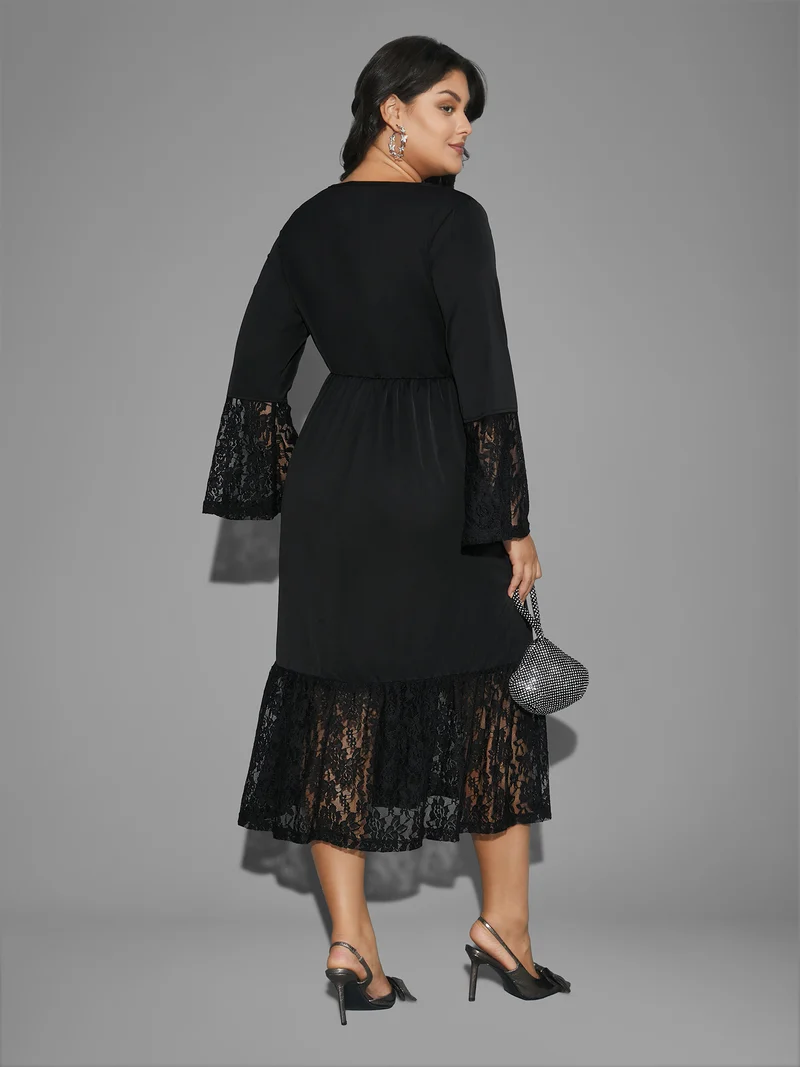Lace Patchwork Button Detail Tie Knot Dress