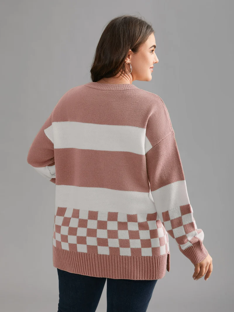 Colorblock Contrast Round Neck Split Hem Pullover