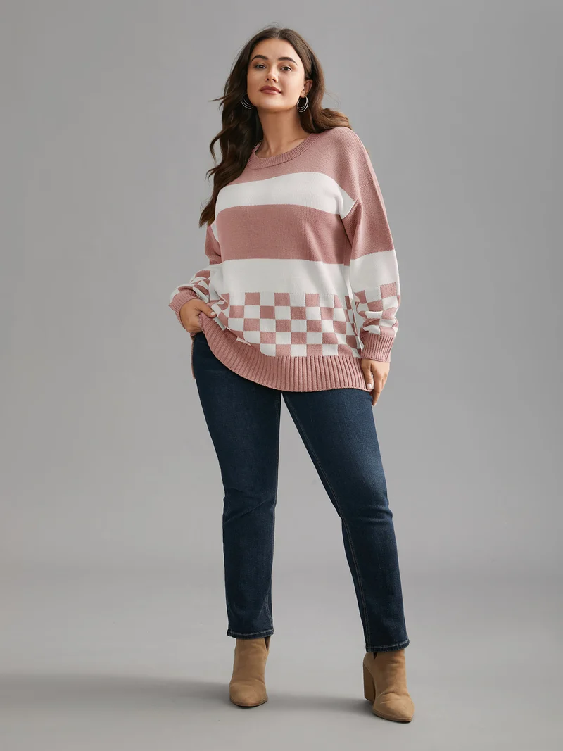 Colorblock Contrast Round Neck Split Hem Pullover