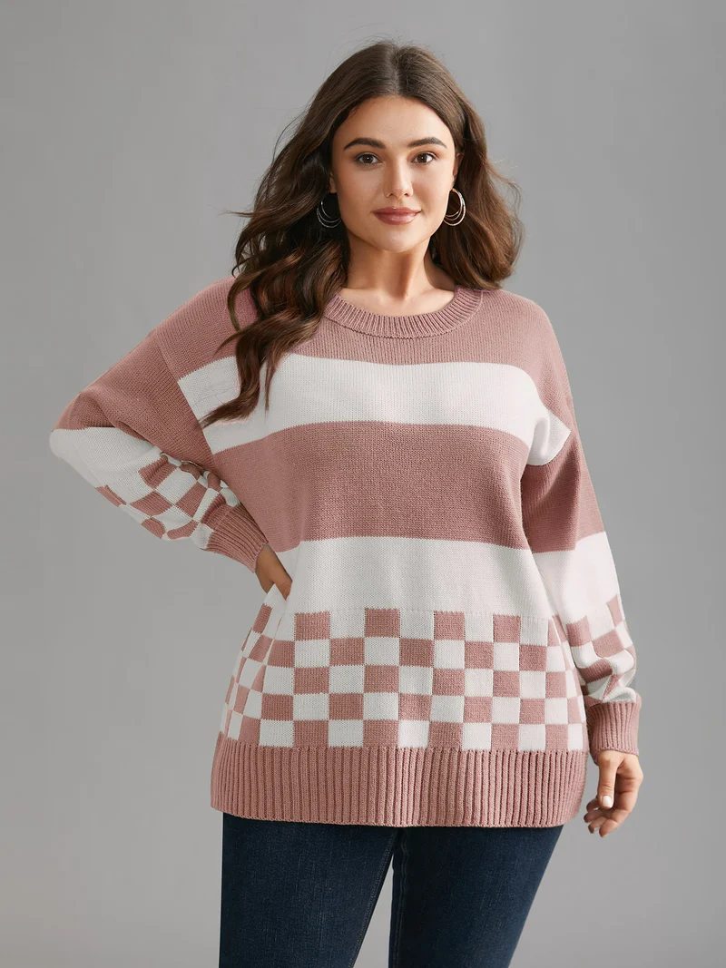Colorblock Contrast Round Neck Split Hem Pullover