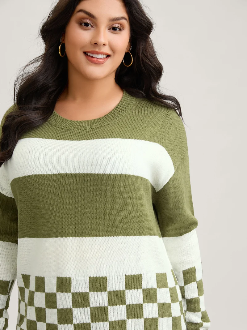 Colorblock Contrast Round Neck Split Hem Pullover