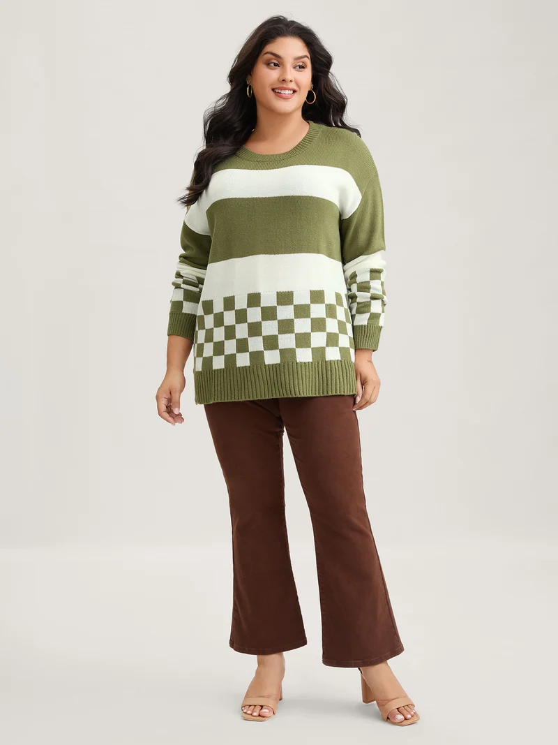 Colorblock Contrast Round Neck Split Hem Pullover
