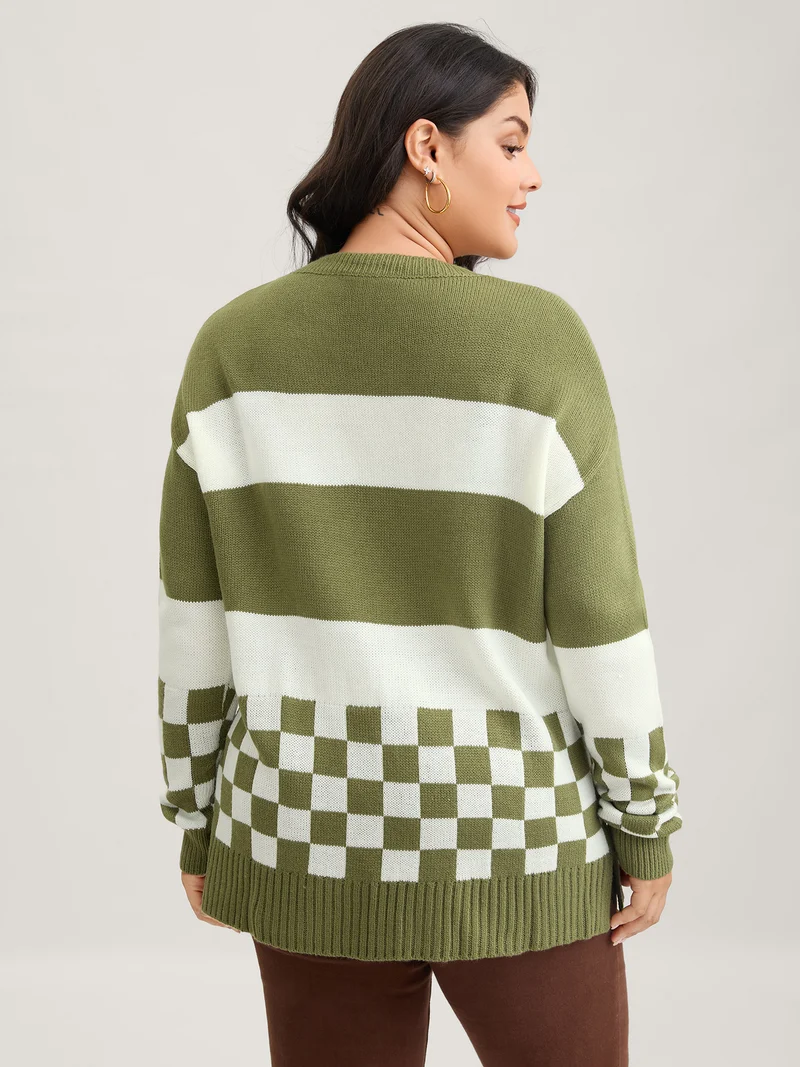 Colorblock Contrast Round Neck Split Hem Pullover