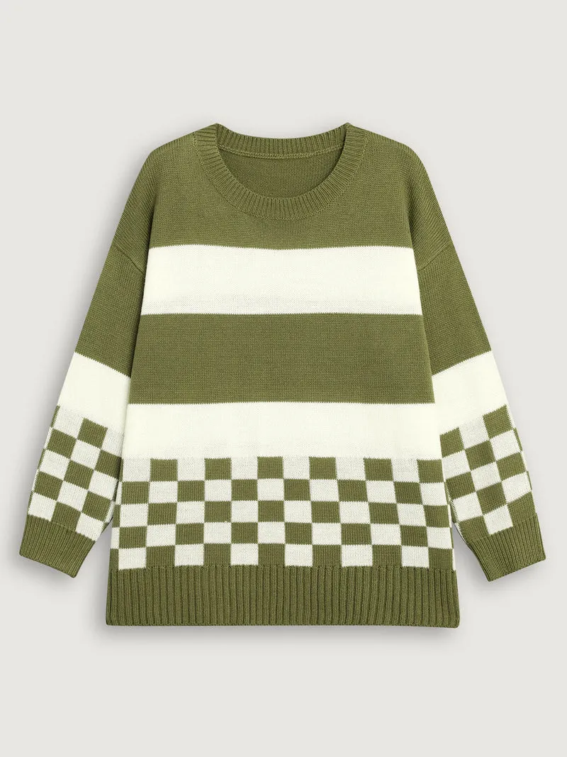 Colorblock Contrast Round Neck Split Hem Pullover