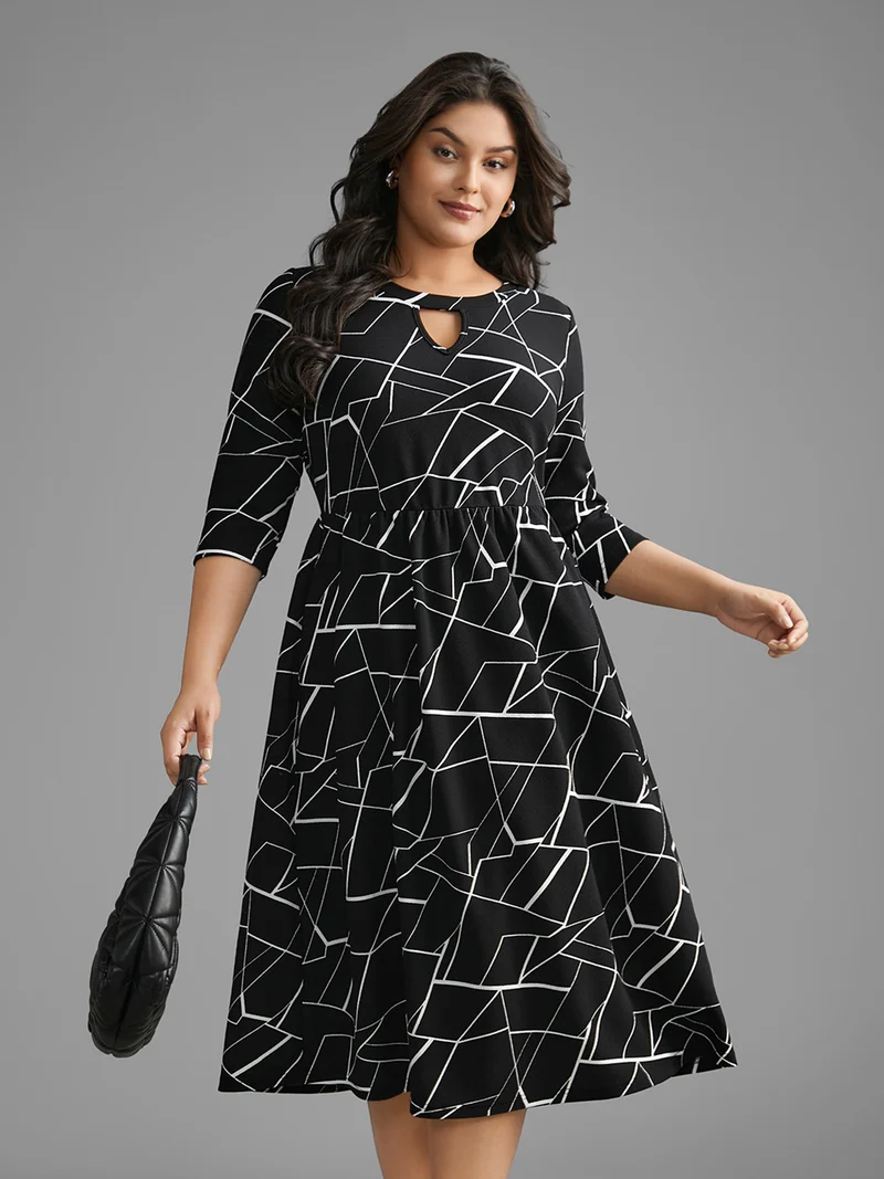 Geometric Keyhole Elastic Waist Midi Dress