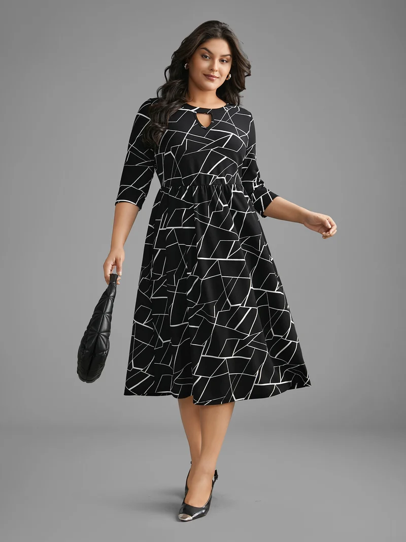 Geometric Keyhole Elastic Waist Midi Dress