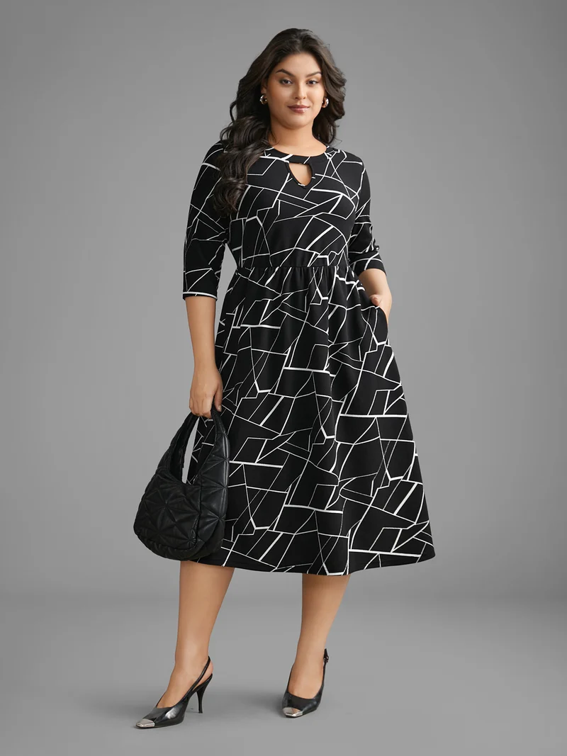 Geometric Keyhole Elastic Waist Midi Dress