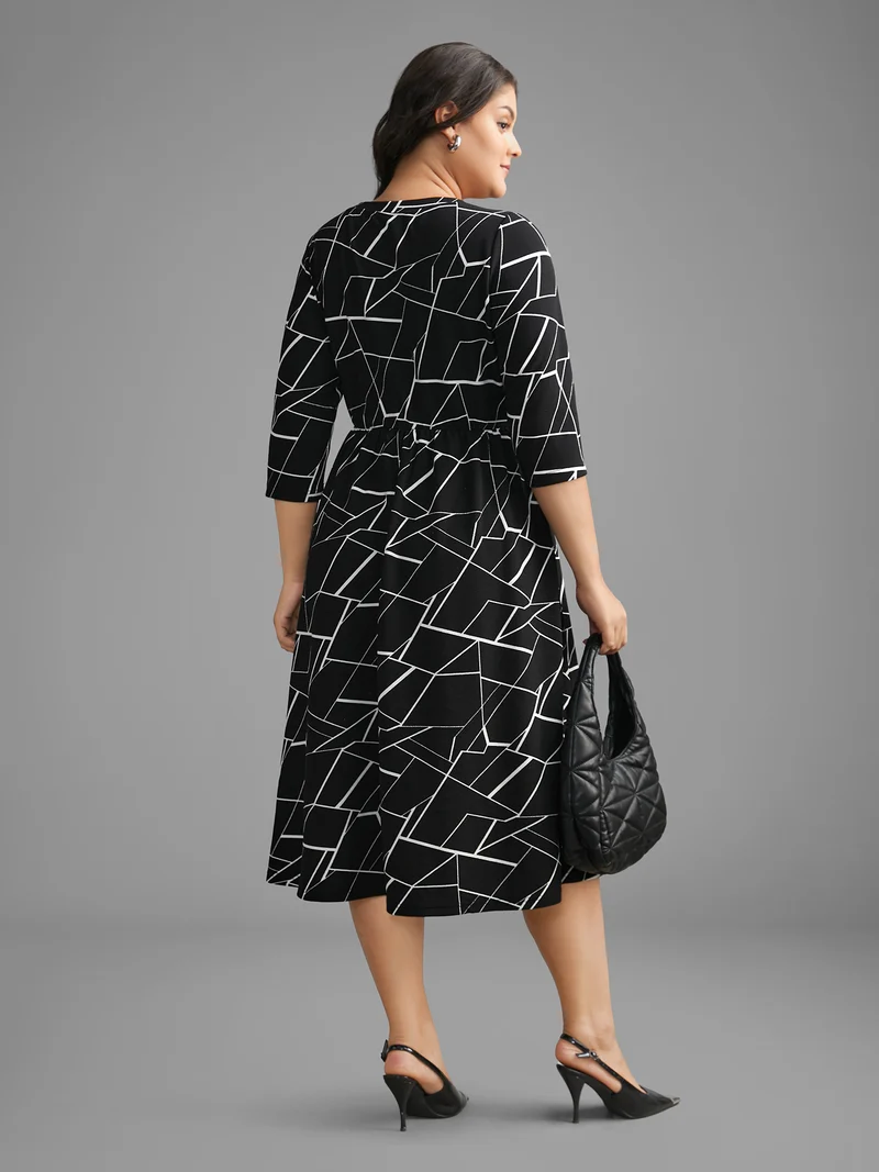 Geometric Keyhole Elastic Waist Midi Dress