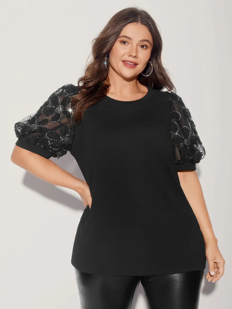 Floral Sequin Mesh Round Neck T-shirt