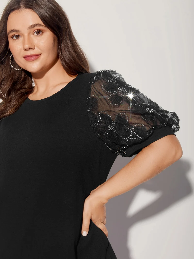 Floral Sequin Mesh Round Neck T-shirt