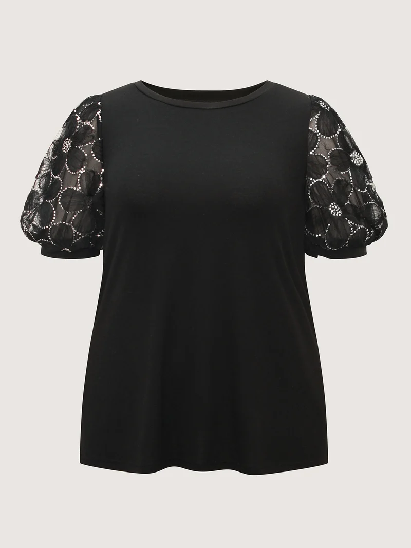 Floral Sequin Mesh Round Neck T-shirt