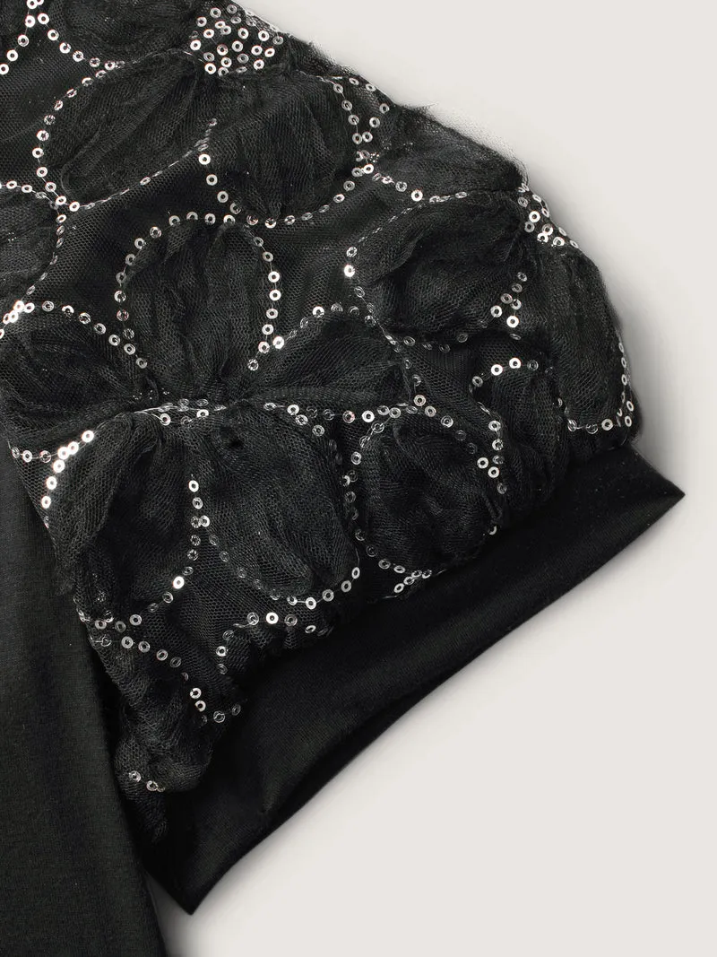 Floral Sequin Mesh Round Neck T-shirt